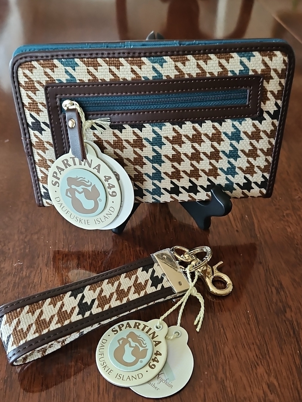 Spartina 449 Eliza Brown & Teal Houndstooth Wallet & Matching Grab-n-Go Keycain